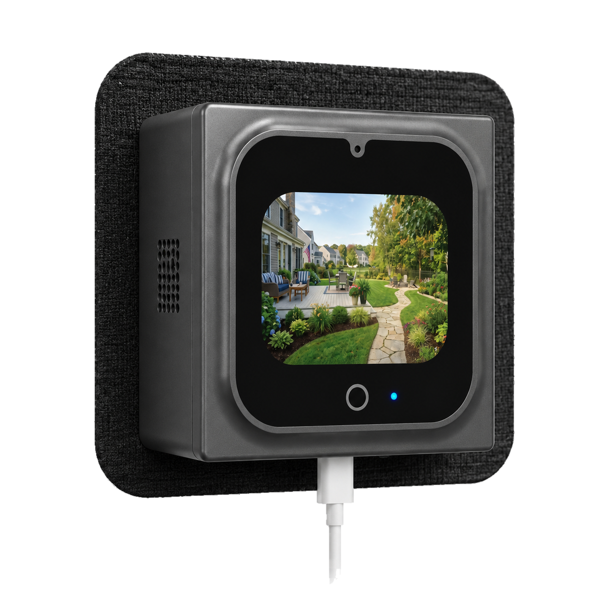 W1 square indoor window camera product visualization with built-in display, fabric window seal and corded power