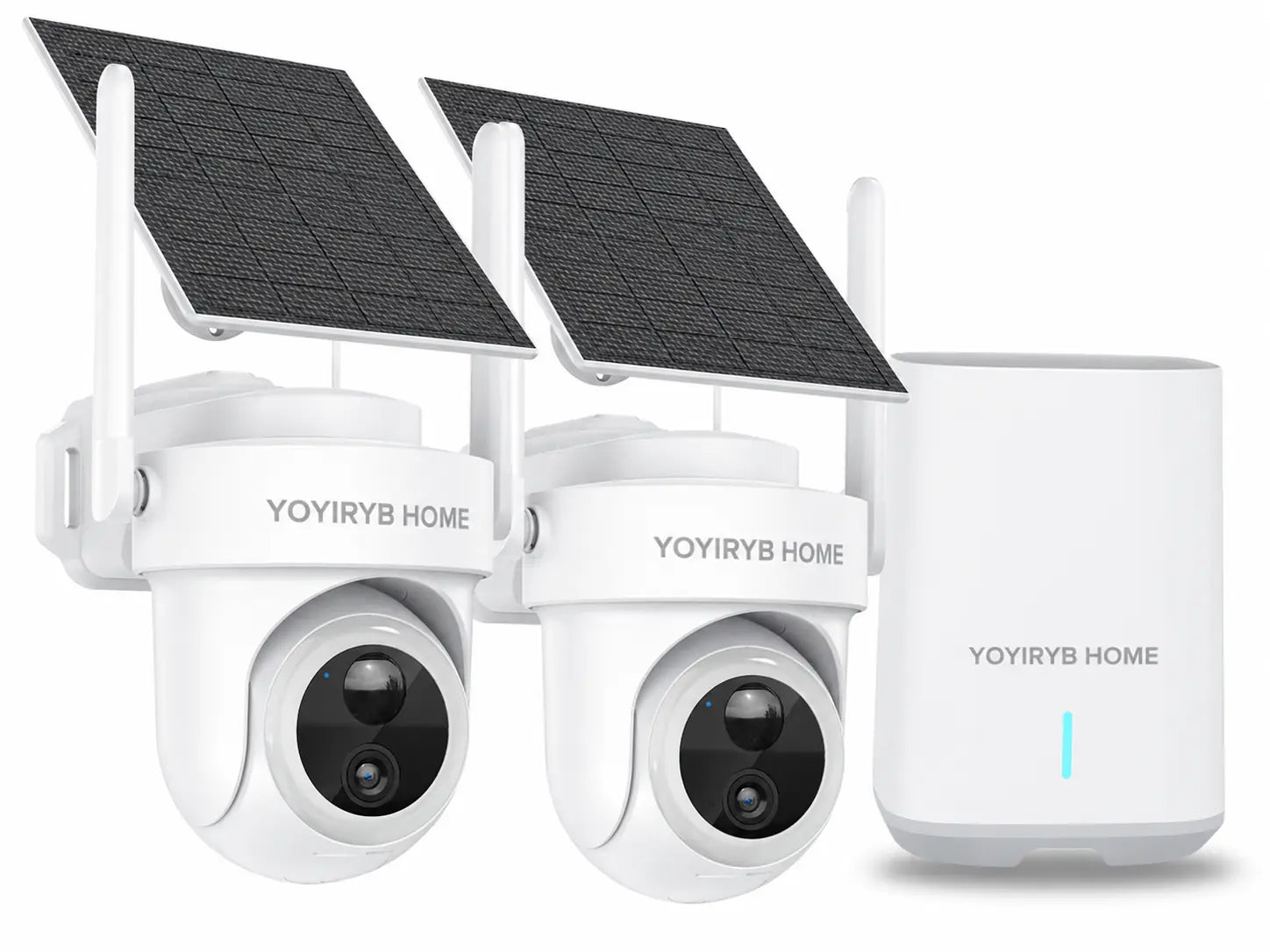YOYIRYB HOME A70 two-camera solar security system product visualization with two solar panels and indoor HomeBase